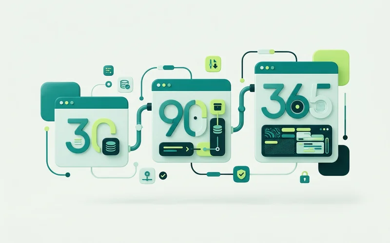 A data-retention-by-plan graphic showing 30, 90 and 365-day windows