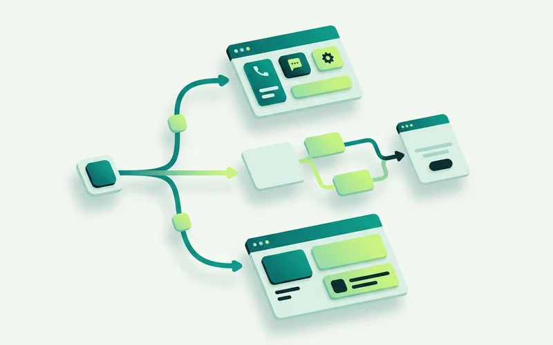 Three branch step types splitting a conversation by answer, availability and page