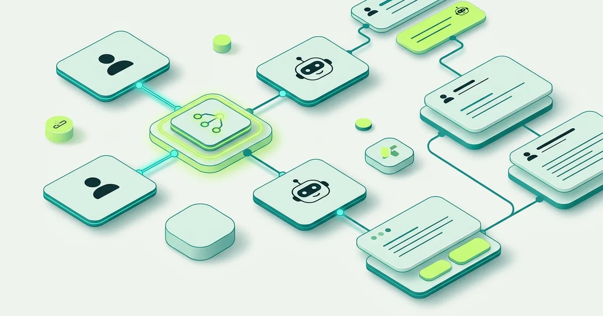 A visual flow canvas with connected step blocks forming a chat conversation