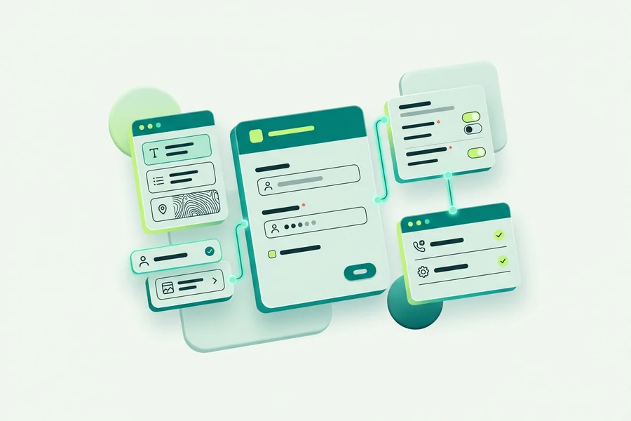 A Form step configuration panel with required fields, input types and validation rules