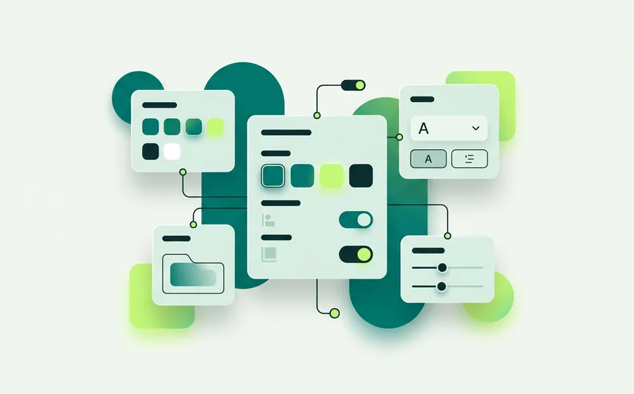 A widget styling panel with colour swatches, font pickers, placement toggles and radius controls