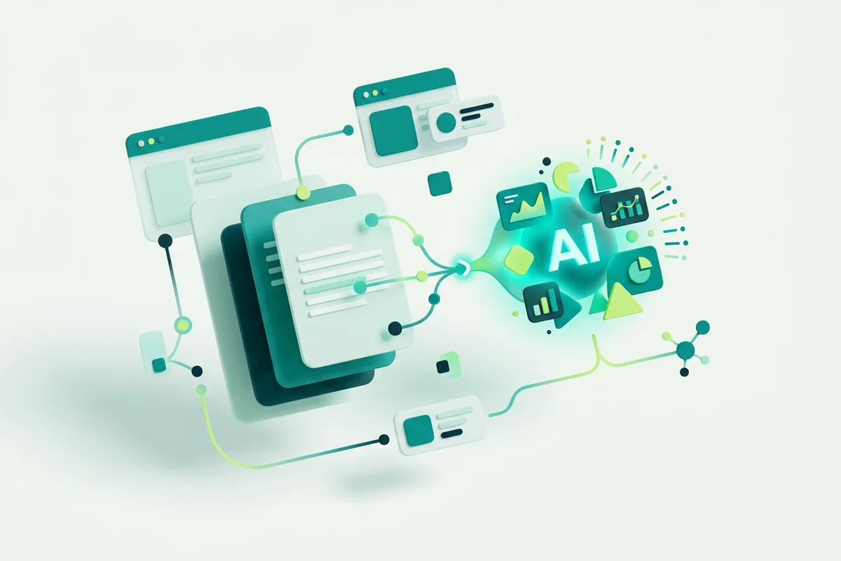 An AI answer being drawn from a stack of business documents held in a knowledge base