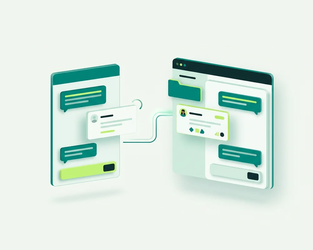 Split view showing a visitor's chat question on a website beside the same conversation assigned to a teammate in the shared inbox